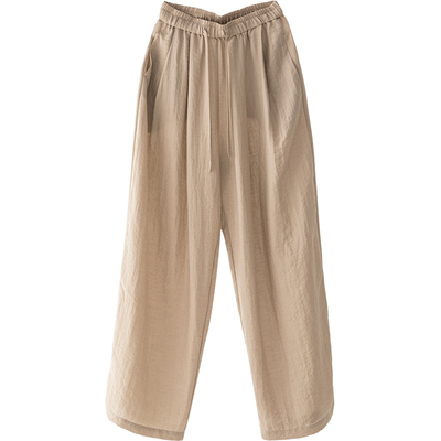 CR美拉德松紧腰亚麻阔腿裤长裤