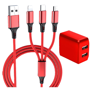 充电器三合一数据线快充套装适用苹果华为vivooppo手机万能通用型双口usb带插头5v2a安卓多功能一拖三和