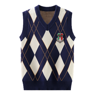 儿童马甲秋冬新款加绒加厚男童纯棉针织衫毛衣中大童学生背心校服