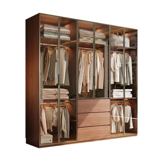全实木胡桃色衣柜玻璃门2025新款定制储物柜免拉手ENF级无甲醛