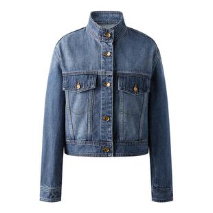 Navigare意大利小帆船蓝色工装立领夹克外套女秋季休闲短款牛仔衣