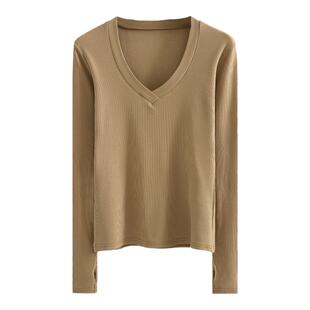 冬季新款纯白修身V领保暖加绒磨毛破洞长袖体恤上衣内搭女打底衫