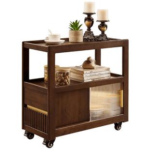 可移动中古风茶几沙发边几实木胡桃色测边柜带轮小推车客厅超窄
