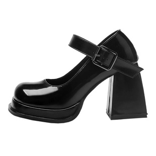 ins~粗跟玛丽珍鞋女圆头2025夏季日系学生jk制服小皮鞋黑色高跟鞋