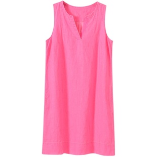 欧美轻奢法国100%亚麻V领口袋休闲度假风背心连衣裙 外贸原单女夏