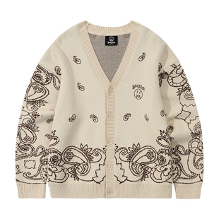 BEASTER国潮牌针织开衫男23秋新款腰果花提花美式复古毛衣外套女