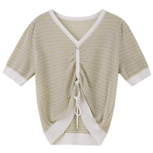 PIT复古抽绳针织衫短袖T恤女2025夏季新款V领小众短款豆绿色上衣