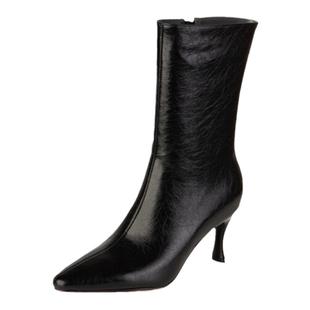 lady ww by靴子女欧美新款全真皮套筒尖头高跟短靴大象灰细跟单靴