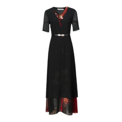 新品假两件收腰长款连衣裙