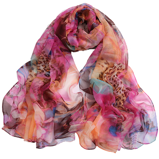 真丝围巾女士玫红印花女桑蚕丝丝巾春秋超大真丝纱巾薄长款送礼