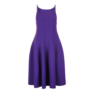 Bettychow 绛紫色毛织吊带蓬蓬连衣裙夏季方领修身版型A字中长裙