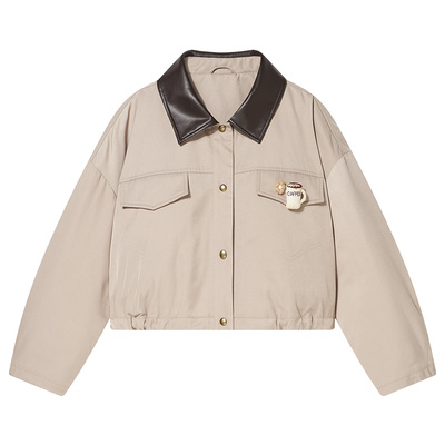 Goodland美地女装巴恩风翻领PU皮棉服短外套2025冬新款LC35510210