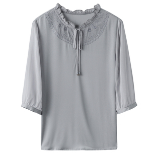 重磅真丝绸缎面t恤女2025夏新款短袖刺绣花边减龄纯色桑蚕丝上衣