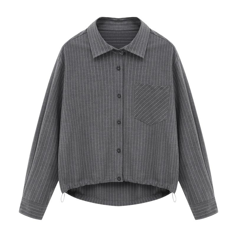 Basic House/百家好高级感条纹翻领短款衬衫下摆抽绳宽松廓形衬衣