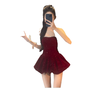 微胖红色重工抹胸连衣裙女甜辣妹收腰短裙裤风情万种抹胸生日礼服