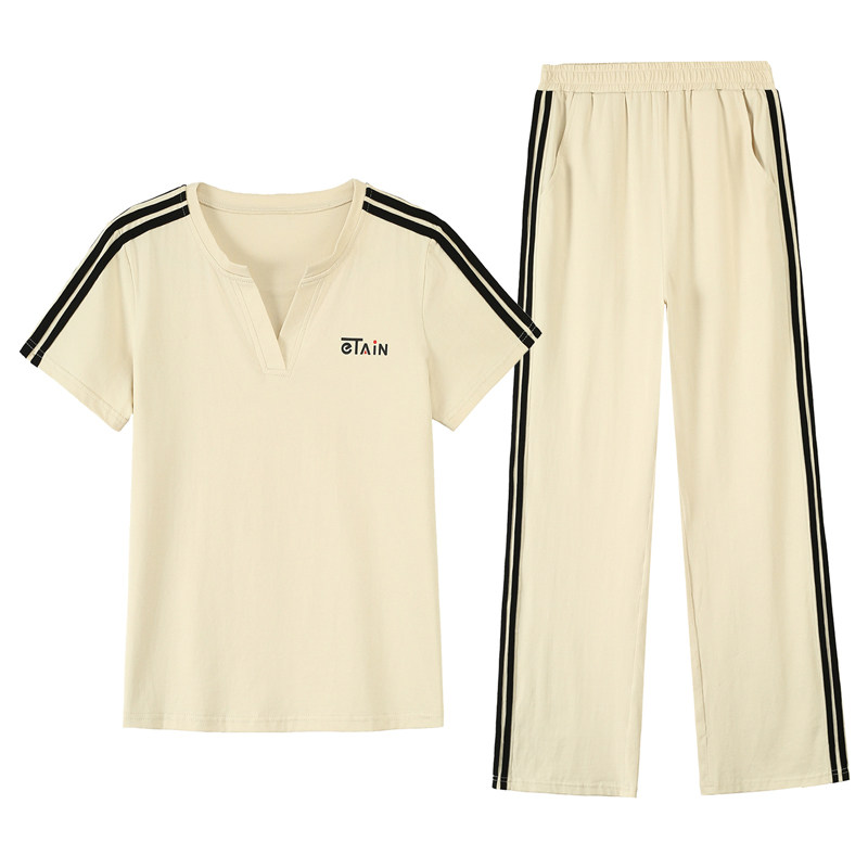 棉V领运动服套装女夏休闲两件套