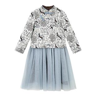 RBIGX瑞比克童装秋季新款女童轻盈网纱撞色中式假两件连衣裙