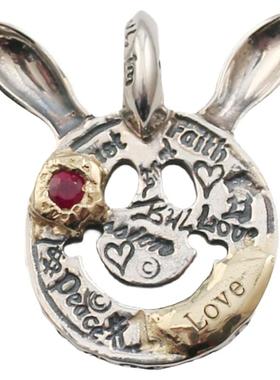 一休老银匠925纯银手工制作 BWL兔耳朵鎏金镶红宝石笑脸吊坠