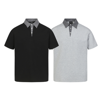 布老哥Blog拼接假两件V领格子短袖短宽显高320克