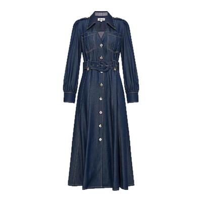 DVF深蓝色长袖衬衫式牛仔连衣裙