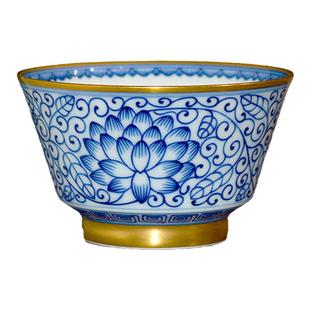 主人杯鎏金青花马蹄单杯景德镇手绘缠枝莲品茗杯仿古高端功夫茶杯