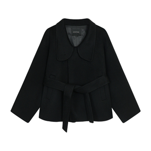 pusumede 配腰带~白色1OO羊毛双面呢大衣女可翻折立领毛呢外套