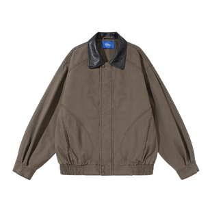 CARLISLE拼接皮领水洗棉夹克男生cleanfit大地色系廓形外套秋新款