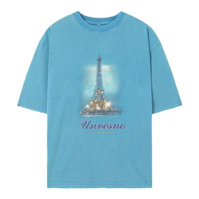 Unvesno(UN) NewVintage巴黎铁塔水洗做旧圆领宽松男女短袖T恤