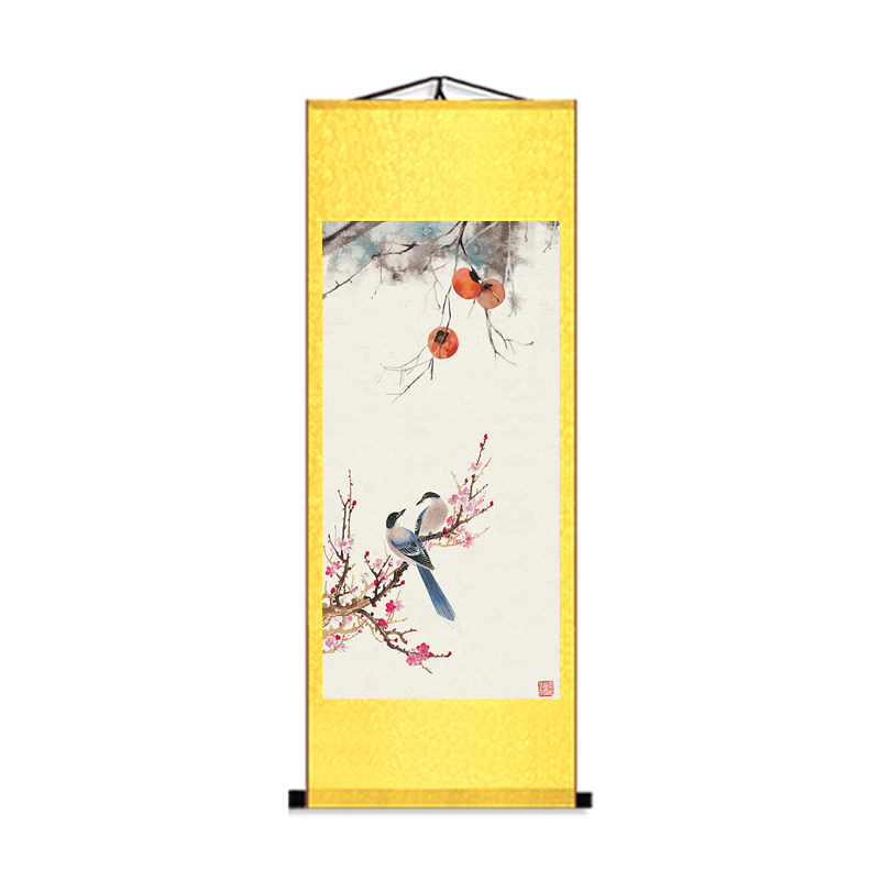 竖版沙发背景墙梅花双喜卷轴挂画