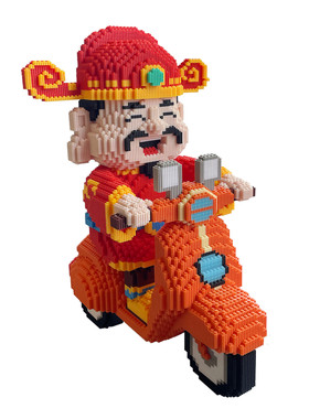 大号摩托车财神爷积木客厅摆件
