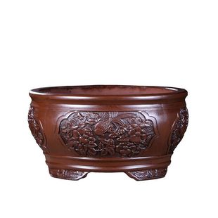 紫砂仿古花盆浮雕兰花盆君子兰花盆特大口径花盆桌面陶瓷花盆