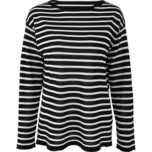 娅丽达宽松亚麻醋酸撞色黑白条纹针织衫女春季新款T恤松弛感上衣