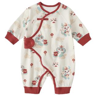 蛇宝宝满月百天衣服春秋中国风红色新年服纯棉新生儿婴儿连体衣