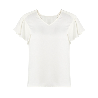 马天奴奶白色V领短袖雪纺上衣