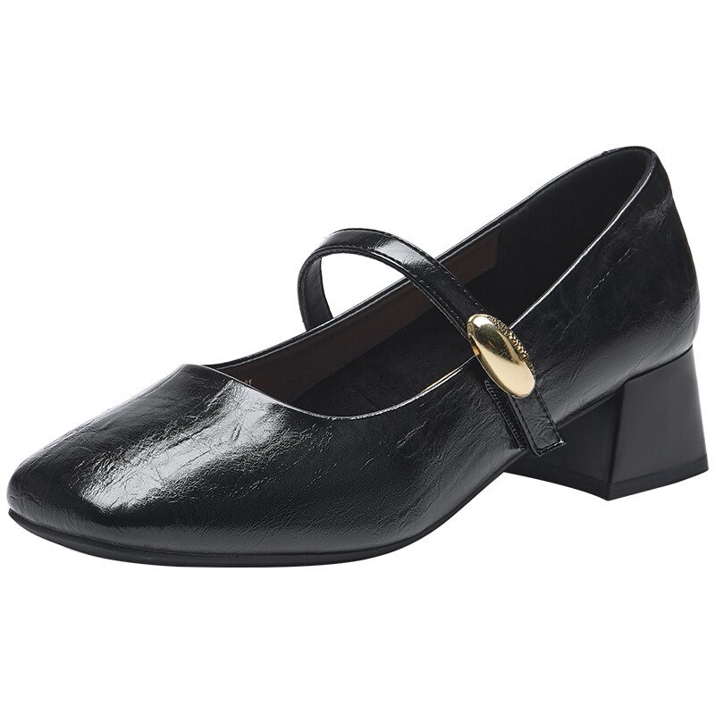 热风粗跟玛丽珍鞋女鞋2026年春季新款黑色百搭单鞋通勤时尚小皮鞋