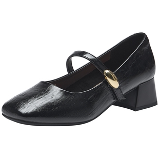 热风粗跟玛丽珍鞋女鞋2026年春季新款黑色百搭单鞋通勤时尚小皮鞋