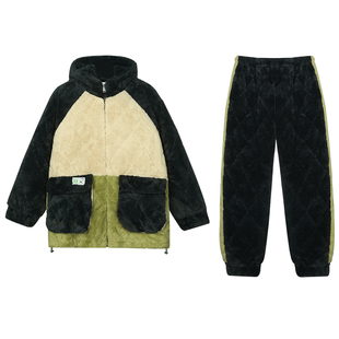 可人儿情侣睡衣女冬季三层夹棉珊瑚绒加厚保暖家居服男可外穿套装