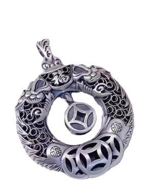 复古做旧霸气双龙戏珠本命年平安扣银吊坠男士项链女高级感配饰