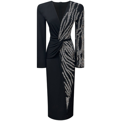法式重工烫钻黑色修身连衣裙