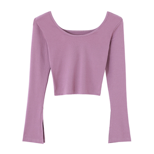 女人味性感开叉喇叭袖短款上衣露脐设计感纯欲长袖修身高腰T恤女