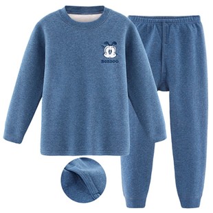 巴布豆儿童加绒加厚保暖内衣纯棉套装男童睡衣女童宝宝冬装一体绒