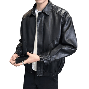 男士皮衣外套春秋2024新款复古潮牌雅痞帅气男装翻领机车服皮夹克