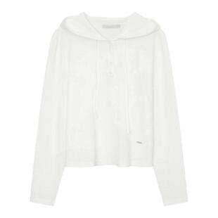 飘蕾简约连帽长袖针织衫女26专柜春秋白色修身显瘦套头休闲上衣