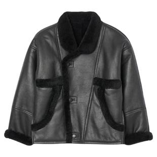 季末6折SANDRO2025秋季新款女装黑色羊毛革落肩拼接毛领皮外套