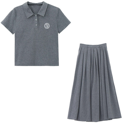 鹿与飞鸟经典美式学院风polo领刺绣上衣/垂感百褶半裙套装6141