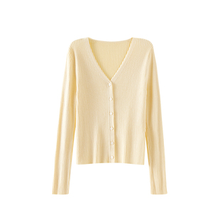 OSA欧莎法式优雅V领针织开衫女秋季新款坑条修身显瘦轻盈薄款上衣