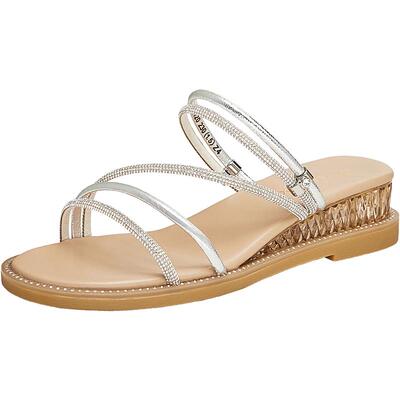 天美意夏季新款坡跟条带外穿舒适简约百搭女凉拖鞋CTI20BT4