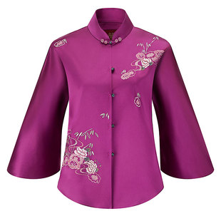 改良立领修身新款真丝绸缎重工刺绣盘扣新中式女式唐装短款上衣