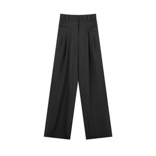 EEWEN 醋酸凉凉阔腿裤女高腰垂感缎面薄款黑色裤子慵懒坠感拖地裤