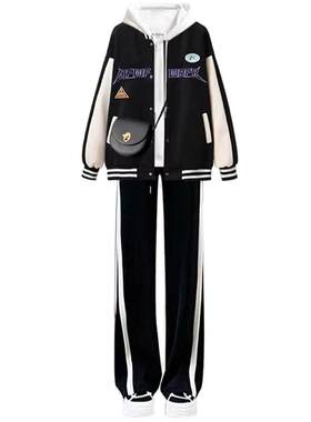 2024秋冬套装女学生韩版宽松棒球服外套+卫衣+休闲裤学院风三件套